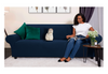 A woman with her cat sitting on a couch with blue sofa cover. Couch Cover For Cats, Original Couch Skins, Couch cover for Cat Protection, Sofa Cover for Pets, Pet Friendly Couch Cover, Sofa Cover For Pets, Couch Skins, Sofa Protector, Sofa Slipcover.