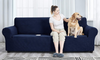 A woman with her dog sitting on a couch with blue couch cover. Original Couch Cover, Sofa Cover for Dogs, Original Couch Skins for Pets, Sofa Covers for Pet, Slipcovers For Pet Protection, Pet Friendly Couch Covers, Sofa Skins For Pet Lovers, Sofa Pad.